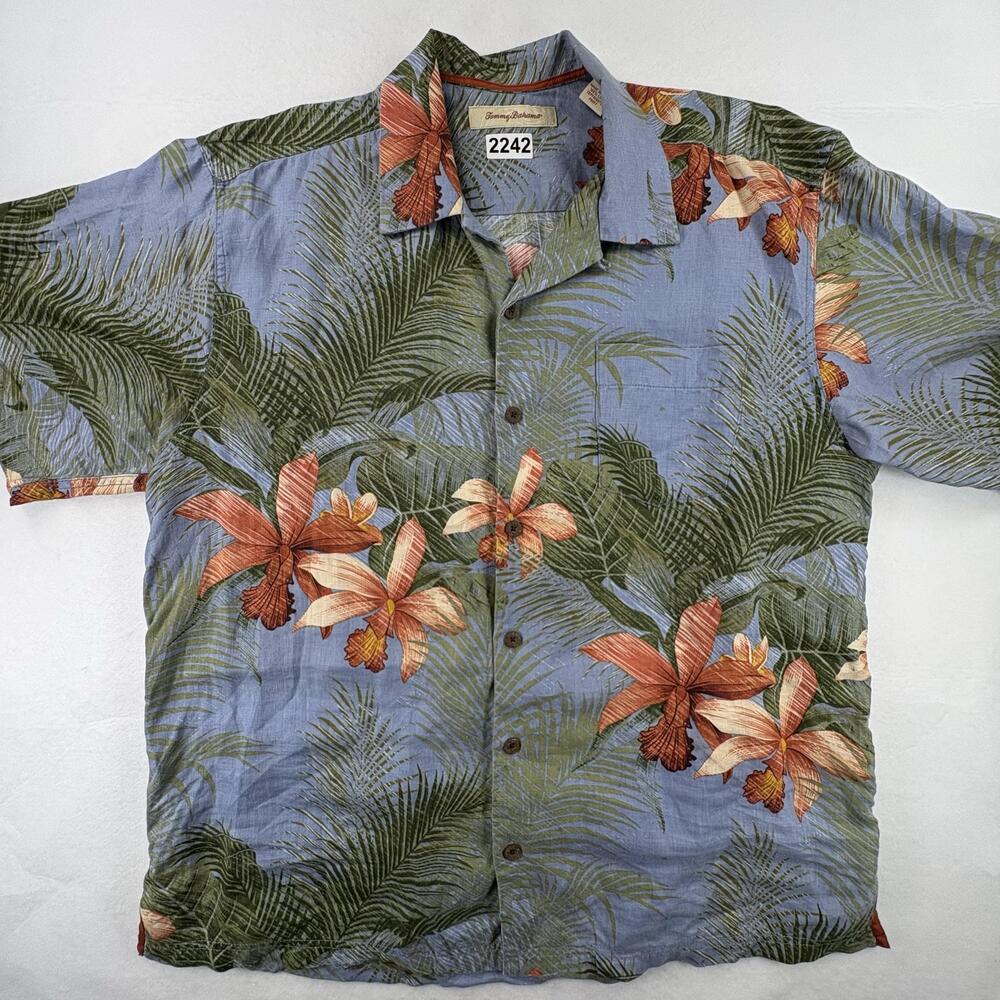 Tommy Bahama Shirt Mens Large Blue Floral Linen Hawaiian Short Sleeve Button Up